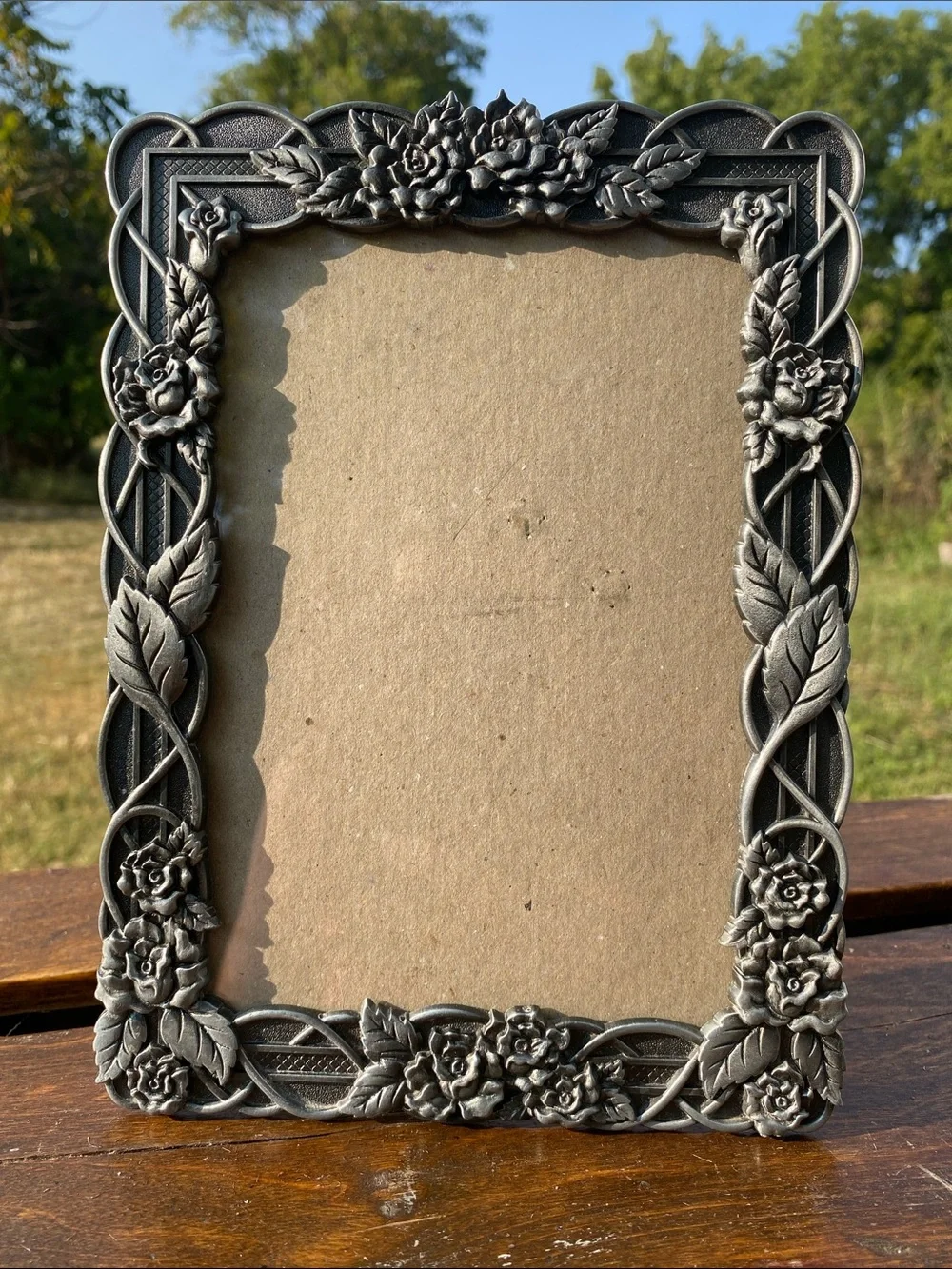 Ornate Raised Rose Floral Metal Picture Frame in Antique Pewter Silver 5